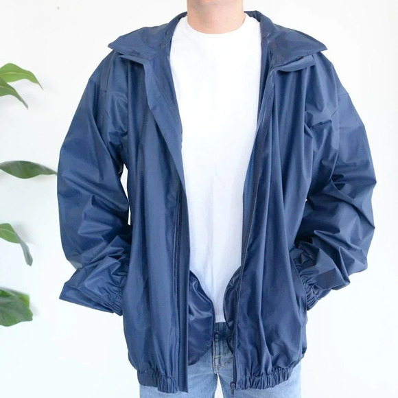 Rest  & Relaxation R&R Vintage Navy Blue Raincoat with Hidden Hoodie ~ XL - Picture 2 of 12